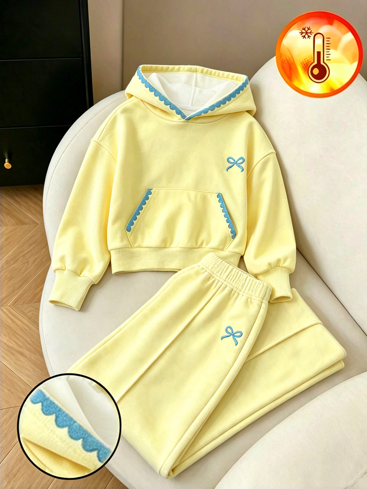 SHEIN Girls Casual Fashion Knit Solid Color Front Print Letter Graphic Drop Shoulder Long Sleeve Ribbed Waist Hooded Top And Long Pants With Front Center Line Print Letter Graphic Sweatshirt 2 Pieces Set - Yellow - View 1