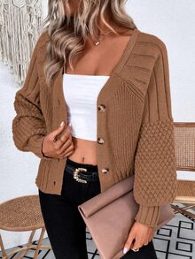 EMERY ROSE Raglan Sleeve Textured Knit Cardigan,Long Sleeve Tops Fall Winter Cloth For Women - Rust Brown - View 4
