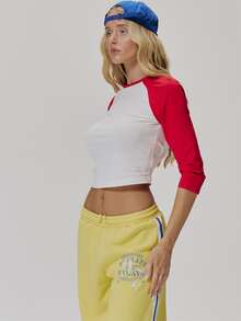 MUSERA Red And White Contrast 3/4 Sleeve Top Fall Autumn Winter Coolgirl Style Casual - Red and White - View 4