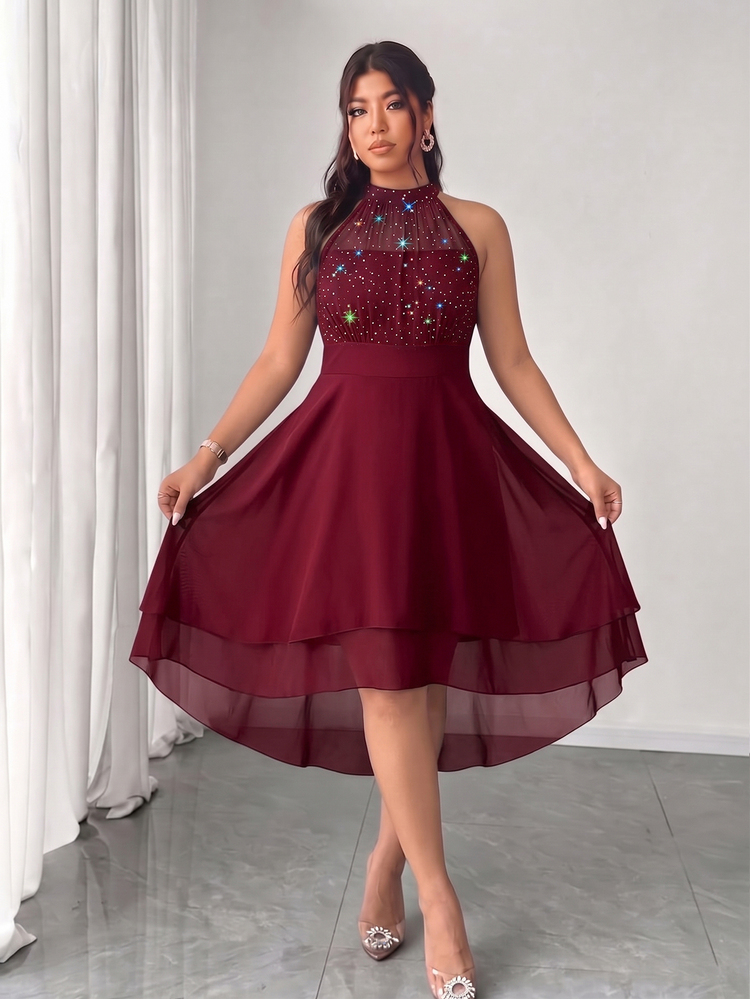 Elenzga Women's Plus Size Round Neck Sleeveless Open Shoulder Shiny Sequin Chiffon Mesh Patchwork Hem Solid Color Double Layer Ruffle Asymmetric Hem Dress, Suitable For Spring/Autumn Party Elegant Dress, Women's Wedding Guest Dress, Graduation Dress, Formal Dress, Halloween Evening Party Dress, Women's Fashion Dress - Burgundy - View 5
