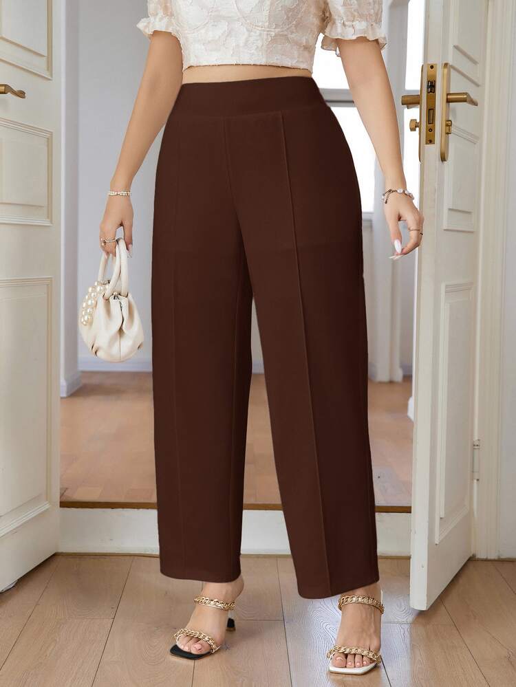 SHEIN PETITE CURVE Plus Size Women's Solid Color Casual Straight Leg Pants For Daily Wear - Coffee Brown - View 6