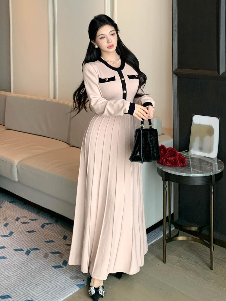 DAZY 女款拼色圓領長袖鈕扣設計優雅針織洋裝 - 杏色 - 查看 7
