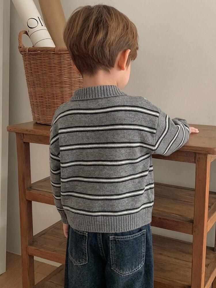 Hapijoa Young Boy Striped Casual Versatile Daily Wear Long Sleeve Sweater - Dark Grey - View 2
