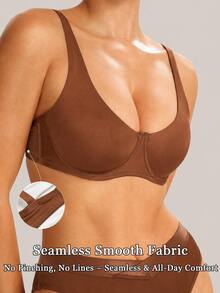 NudeFit 1pc Women's Smooth Seamless Underwire Bra, Soft Comfortable Support, Everyday Basic Lingerie For Work, Casual Wear, Fall & Winter - Brown - View 3