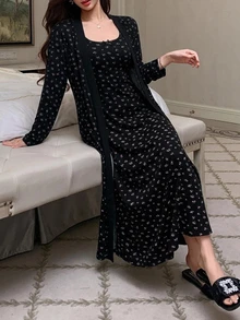 DAZY 2pcs Women's Sweet Ditsy Floral Sleeveless Fitted Long Strap Dress & Long Cardigan Robe Sleepwear Set - Black - View 5