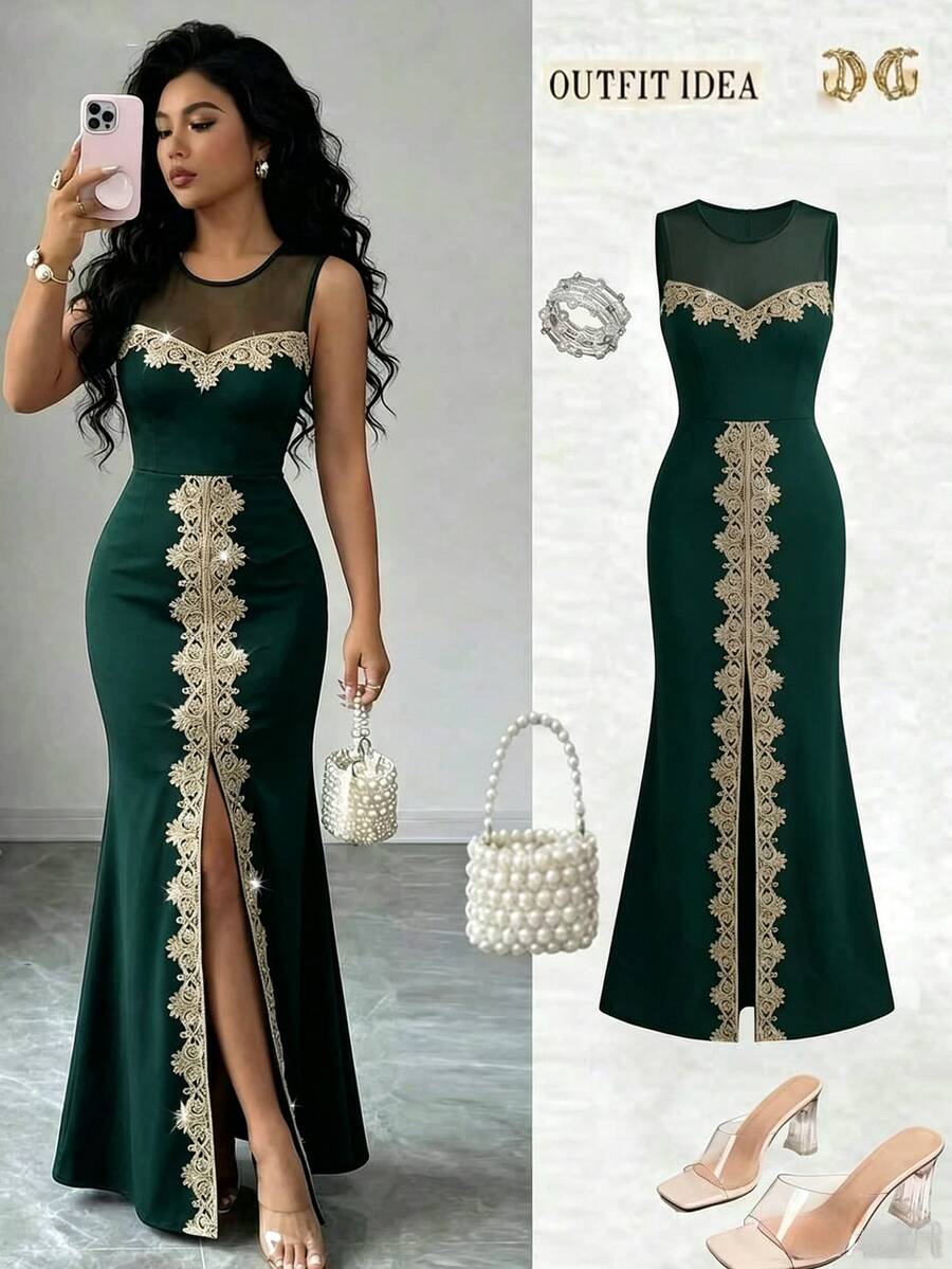 Selianne Women's Contrast Embroidery Round Neck Mesh Patchwork High Slit Sleeveless Dress - Dark Green - View 1