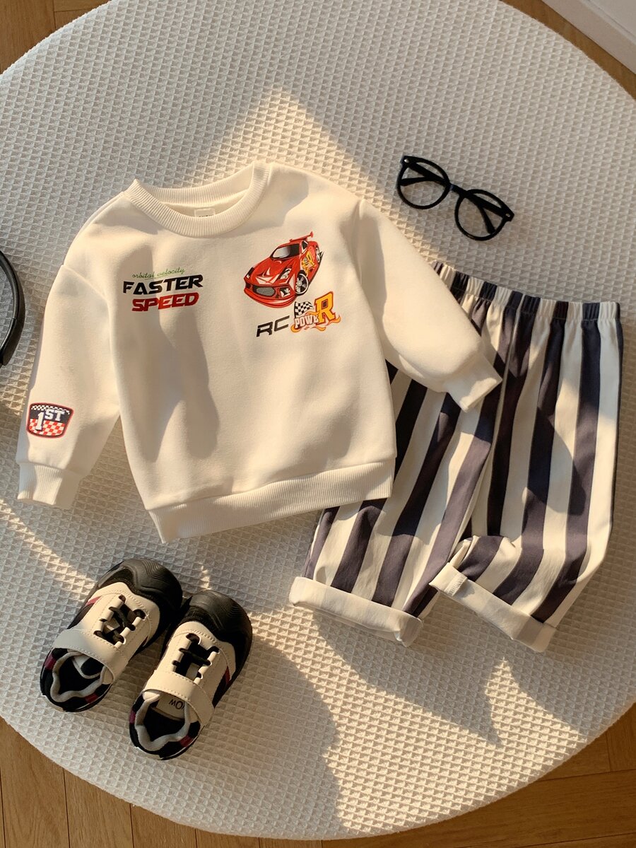SHEIN Bộ 2 món áo nỉ chui đầu tay dài cổ tròn in ô tô hoạt hình phong cách thường ngày cho bé trai mùa thu/đông kèm quần, bộ đồ đua xe, bộ đồ trẻ sơ sinh, bộ kẻ sọc - Nhiều màu - Xem 1