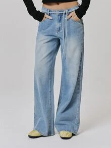 MUSERA Blue Denim Tie Waist Mid Rise Straight Leg Jeans Fall Autumn Winter Coolgirl Style Casual - Light Wash - View 1