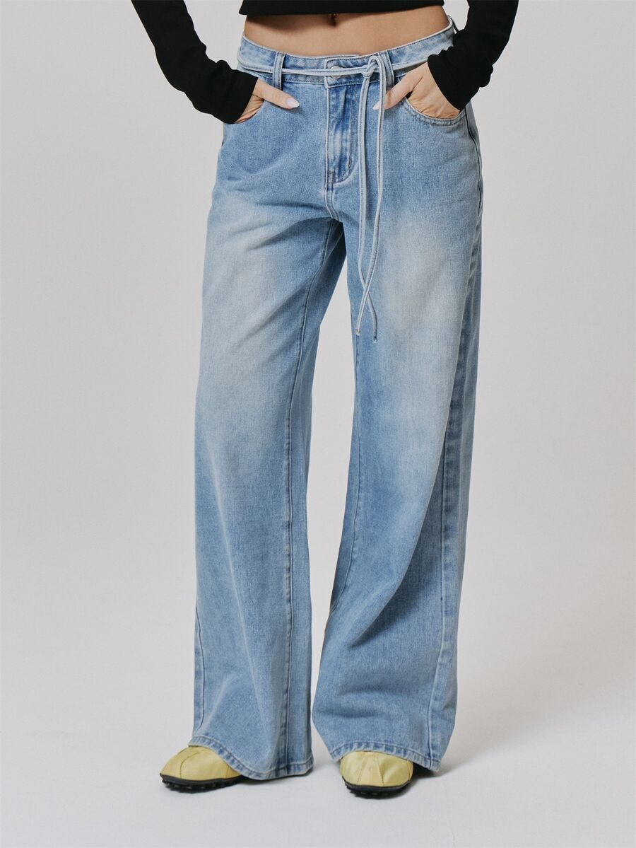 MUSERA Blue Denim Tie Waist Mid Rise Straight Leg Jeans Fall Autumn Winter Coolgirl Style Casual - Light Wash - View 1