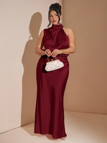 SHEIN BAE 大尺碼女款純色休閒派對掛脖洋裝聖誕節 - 酒紅色 - 查看 4