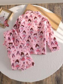Girls Pink Fleece Bow & Heart Pattern Lapel Front Button Long Sleeve Pants Pajama Set - Multicolor - View 2