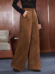 Anewsta Women's Wide Leg Loose Suede Fleece Thickened Long Pants With Pockets - Camel - View 5