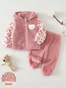 SHEIN Baby Girl Cartoon Embroidery Patchwork Leopard Print Long Sleeve Zipper Front Fleece Hooded Winter Jacket And Pants Set Autumn - Burgundy - View 10