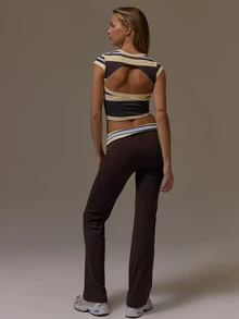 Musera Sport Striped V Neck Fitted Top With Fitted Flare Yoga Pants Fall Winter Autumn Fitness Gym Pilates - Coffee Brown - View 3