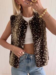 SHEIN EZwear Women's Brown Animal Print Faux Fur Vest - Coffee Brown - View 7