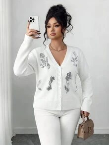 Elenzga Plus Size Women's Sequin Casual Versatile Daily Outing Cardigan - White - View 5