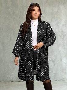 SHEIN LUNE 大尺碼女款秋冬長袖波點中長版柔軟舒適休閒日常穿著夾克 - 黑與白 - 查看 4