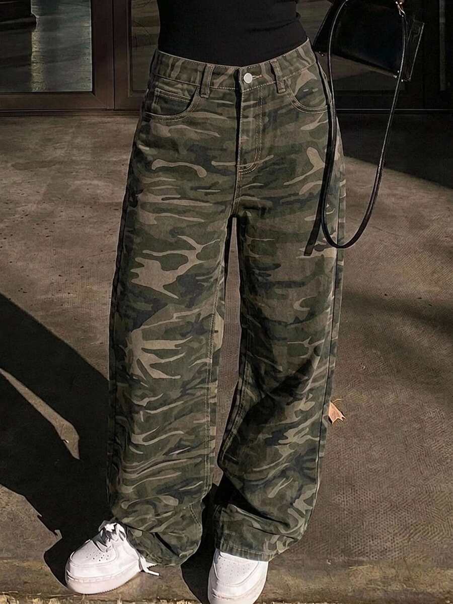 Hapijoa Teen Girl Casual Camouflage Straight Leg Long Pants With Rhinestone Decor Cool Autumn/Winter Denim Jeans - Army Green - View 1