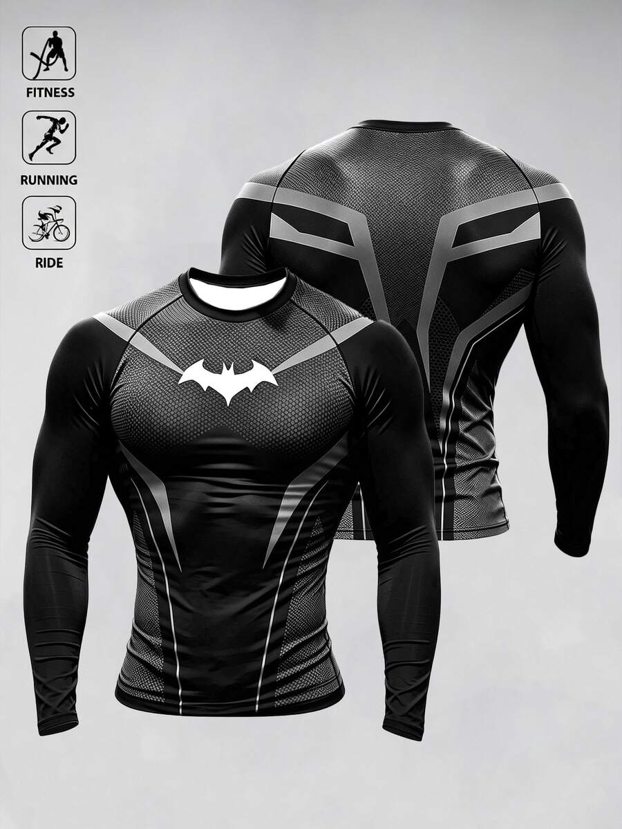 Manfinity BATMAN X SHEIN Men's Bat Print Raglan Long Sleeve Sports T-Shirt - Multicolor - View 1