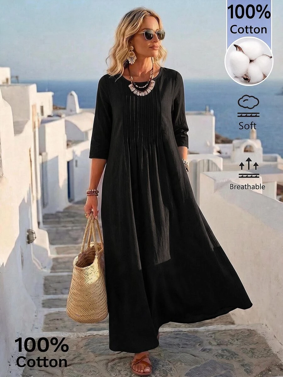EMERY ROSE Women's Solid Color Round Neck Pleated Design Casual Boho Loose Long Dress Vacation Black Fall Vacation Vacation - Black - View 1