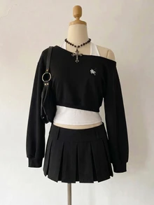 SHEIN MOD 女款休閒拼接色塊不對稱厚款衛衣，適合秋冬穿著 - 黑色 - 查看 4
