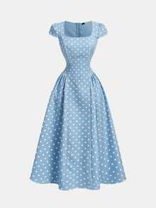 SHEIN MOD Apricot Black Polka Dot Square Neck Cap Sleeve Midi Dress - Blue - View 4