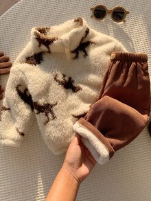SHEIN 男女嬰幼兒 2件組 秋冬加厚抓絨可愛恐龍圖案立領毛絨衛衣與燈芯絨長褲套裝，嬰兒冬季運動服 - 棕色 - 查看 7