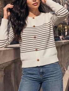 Juhart 1pc Women's Plus Size Round Neck Color Block Striped Long Sleeve Minimalist Fashion Urban Casual Knit Cardigan, Suitable For Daily Commute, Spring And Autumn - Apricot - View 5