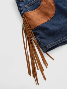 ROMWE Hippie Western Cowboy Suede Patchwork Fringe Distressed Vintage Denim Skinny Women's Denim Shorts Plus Size - Multicolor - View 4