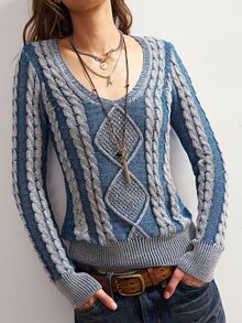 Bohemela Fall/Winter, Mixed Blue V Neck Twisted Rope Knit Washed Pullover Sweater,Vintage Twist Special Dye Technique,Concert Party Outfit,Daily&Going Out Wear - Blue and White - View 4