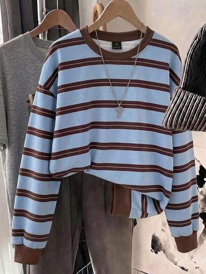 SHEIN LUNE Women's Casual Crew Neck Loose Fit Sweatshirt, Women's Autumn/Winter Clothing, Striped Sweatshirt