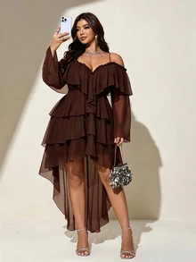 Viva Relle Plus Size Women Solid Color Cold Shoulder Bell Sleeve Multi-Layer Ruffle High-Low Hem Elegant Dress Fall - Brown - View 2