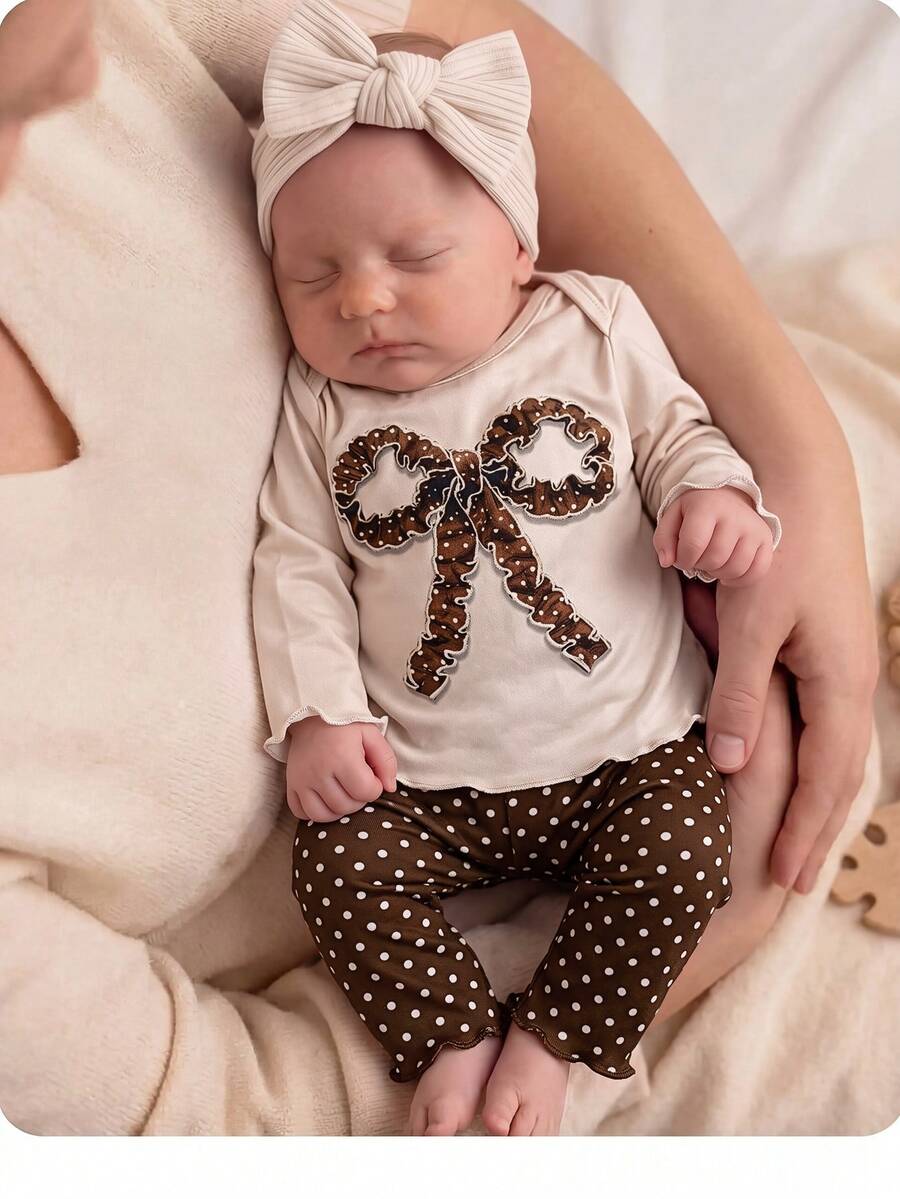 SHEIN Newborn Baby Bow Print Long Sleeve Top And Polka Dot Long Pants Loungewear - Beige - View 1