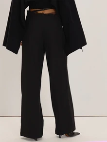 MUSEYN Black Woven Asymmetric Lace Trim Strap Detail Trousers Versatile Everyday Casual Chic New Season Fall - Black - View 4