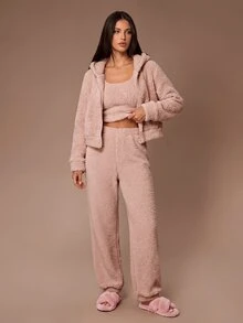 Lazeform Girls' Soft & Sweet Plush Long Sleeve Jacket, Vest & Pants 3 Pieces Loungewear Set - Coral Pink - View 1