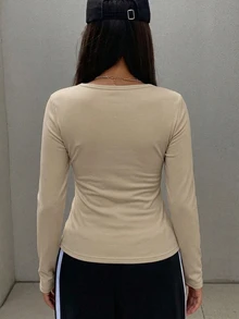 DAZY Women's Solid Color Minimalist Versatile Long Sleeve T-Shirt For Daily Wear - Apricot - View 3