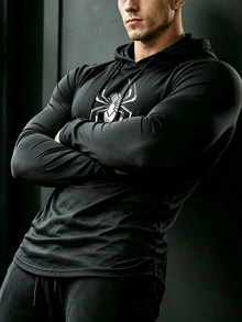 GymBeat 男士蜘蛛圖案休閒日常旅行連帽運動運動衫 - 黑色 - 查看 3