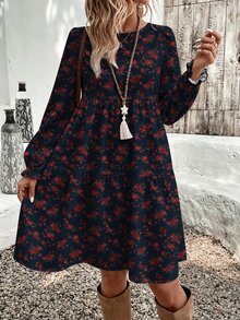 SHEIN VCAY Casual Minimalist Ditsy Floral Pattern Loose Round Neck Plus Size Dress Suitable For Autumn/Winter - Multicolor - View 4