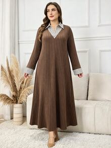 Lacomfia Gaun Kasual Wanita Ukuran Besar Model A-Line Bahu Persegi Motif Polkadot Patchwork Rajut Lembut Longgar - Coffee Brown - View 3