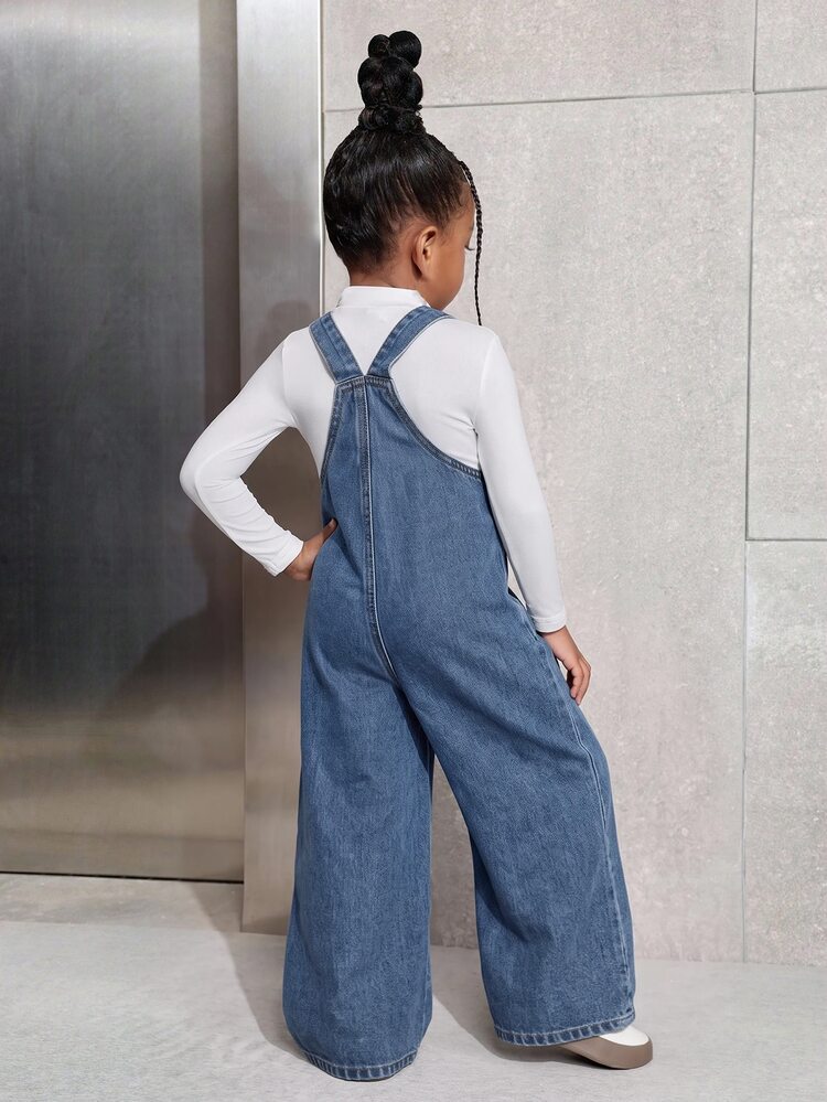 SHEIN Young Girl Casual Daily Denim Overalls With Pockets - Medium Wash - View 2