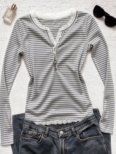 IslaSuriya Women's Fashion Casual Lace Patchwork Striped V-Neck Long Sleeve T-Shirt