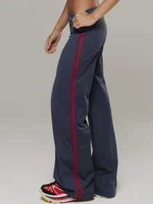 Musera Sport Foldover Waist Contrast Side Stripe Seamless Straight Wide Yoga Style Coord Pant Active Outdoors Workout Gym Terra Peak - Dusty Blue - View 3