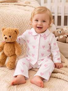 SHEIN Baby Girl Valentine's Day Heart Print Lapel Contrast Trim Button-Front Loose Long Sleeve Top & Straight Soft Thick Brushed Fleece Pants Set, Suitable For Winter - Pink - View 7