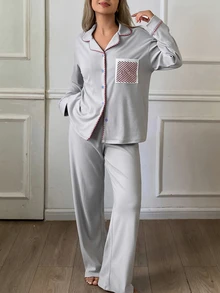 DAZY Women's Colorblock Long Sleeve Top And Pants Casual Daily Home Sleepwear Set - Light Grey - View 9