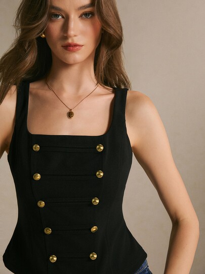 Poéselle Women's Elegant Double-Breasted Waist-Cinching Tank Top, Sexy Style