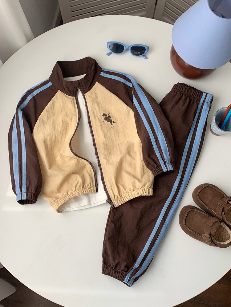 SHEIN 2pcs Kids Young Boy Autumn/Winter Casual Colorblock Webbing Long Sleeve Open Front Jacket & Elastic Waist Long Pants Set, Boys Outfit, Sports Set - Multicolor - View 6