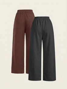 SHEIN PETITE CURVE 2件組大尺碼女款純色抽繩腰休閒日常穿著長褲 - 彩色 - 查看 2