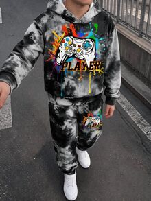 青少年男孩休閒極簡長袖連帽舒適衛衣2件套，適合秋冬，經典酷炫潑墨紮染印花，時尚彩色塗鴉遊戲手把印花 - 彩色 - 查看 4
