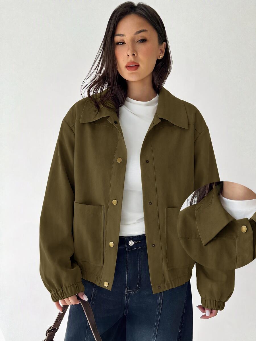 Aloruh Women's Solid Color Long Sleeve Single-Breasted Casual Jacket - Army Green - View 1