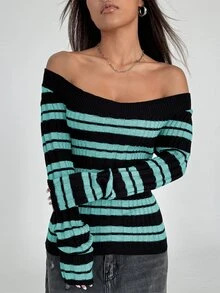 Flirla Women's Casual Striped Off-Shoulder Long Sleeve Sweater - Mint Blue - View 3